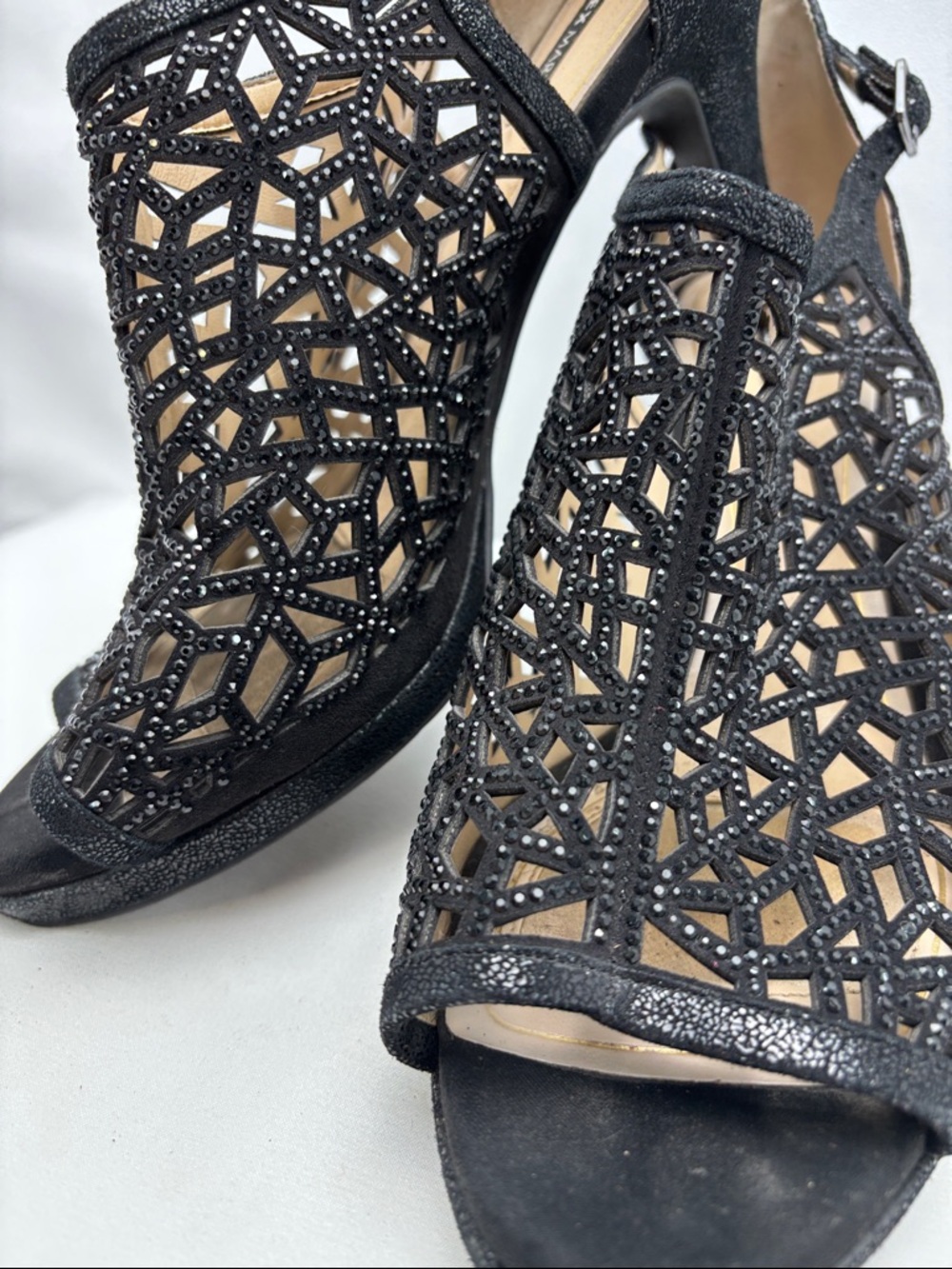 Alex Marie‎ Women’s Sz9.5 Rhinestone Black Beaded Open-Toe Heels #0294